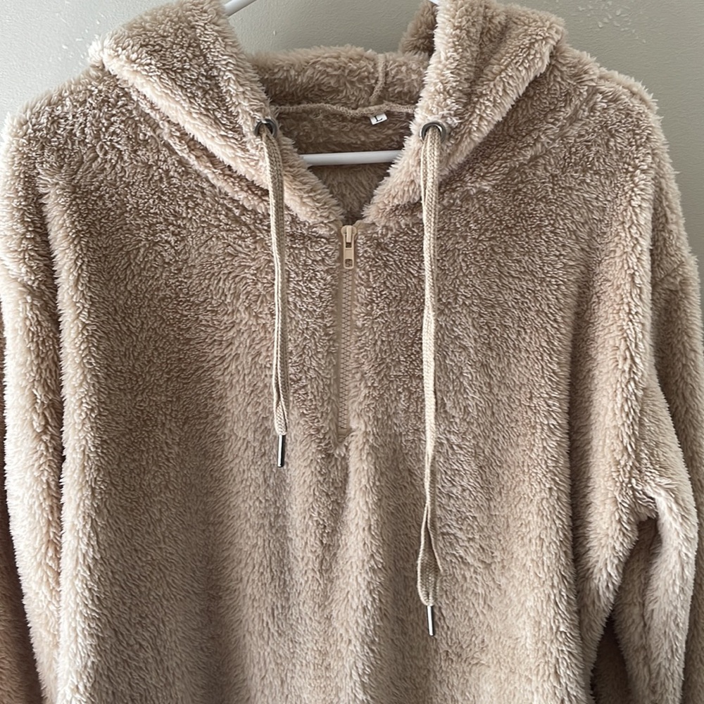 Tan fuzzy sweatshirt with hood.  Large.